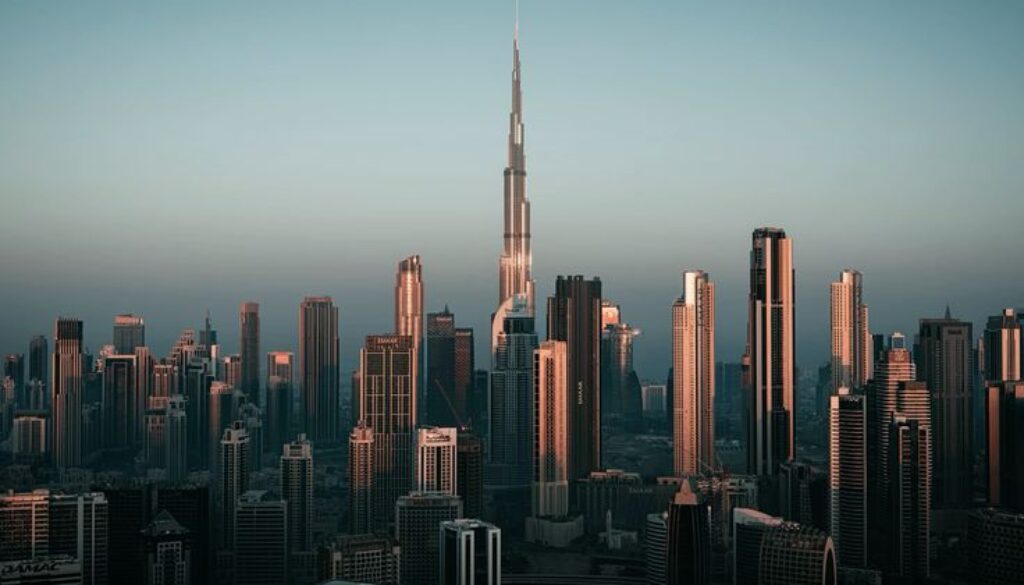 In the moody processed photo of Downtown Dubai…